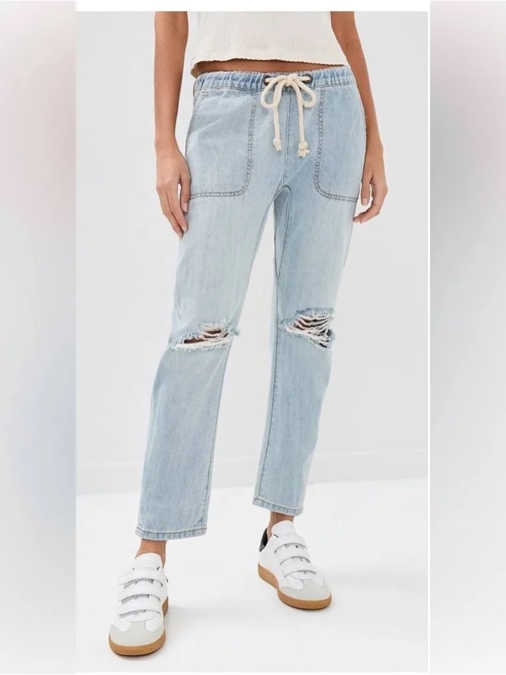 One Teaspoon Shabbies Light Wash Jogger Jeans XS Drawstring High Rise Distressed